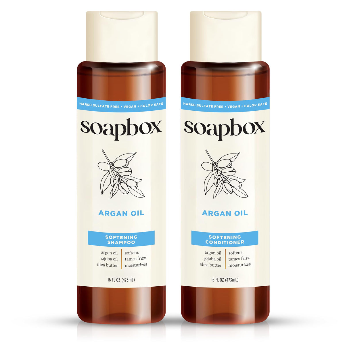 Soapbox Argan Shampoo botella, control suave del frizz y brillo natural.