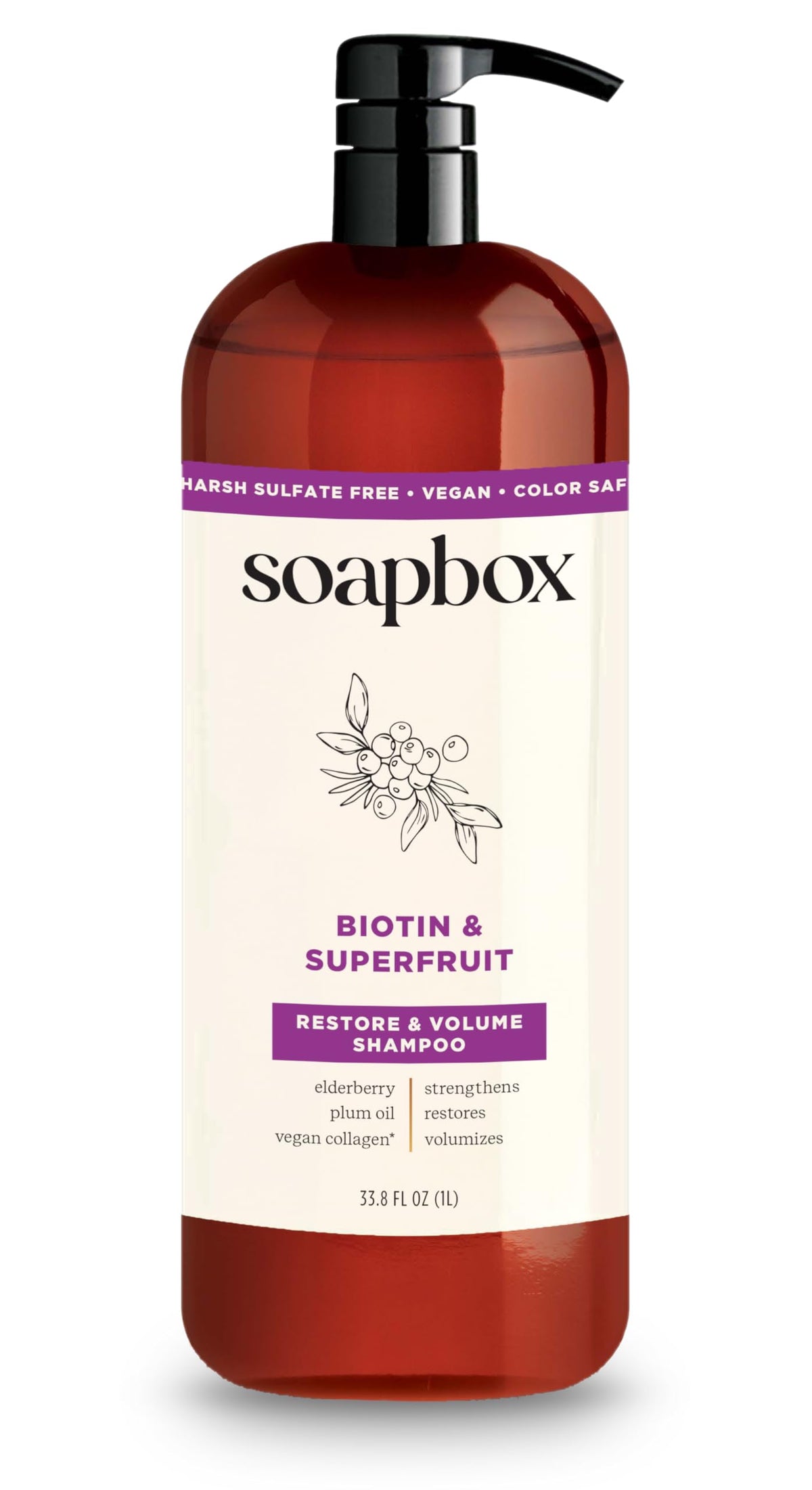 Soapbox Biotin Shampoo bottle with pump for easy application and volume.