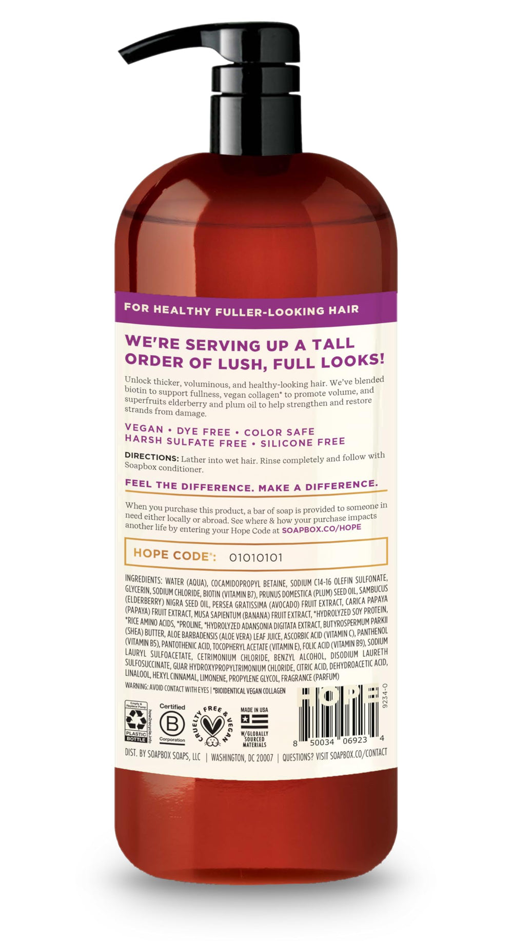 Soapbox Biotin Shampoo label highlights collagen and elderberry benefits.