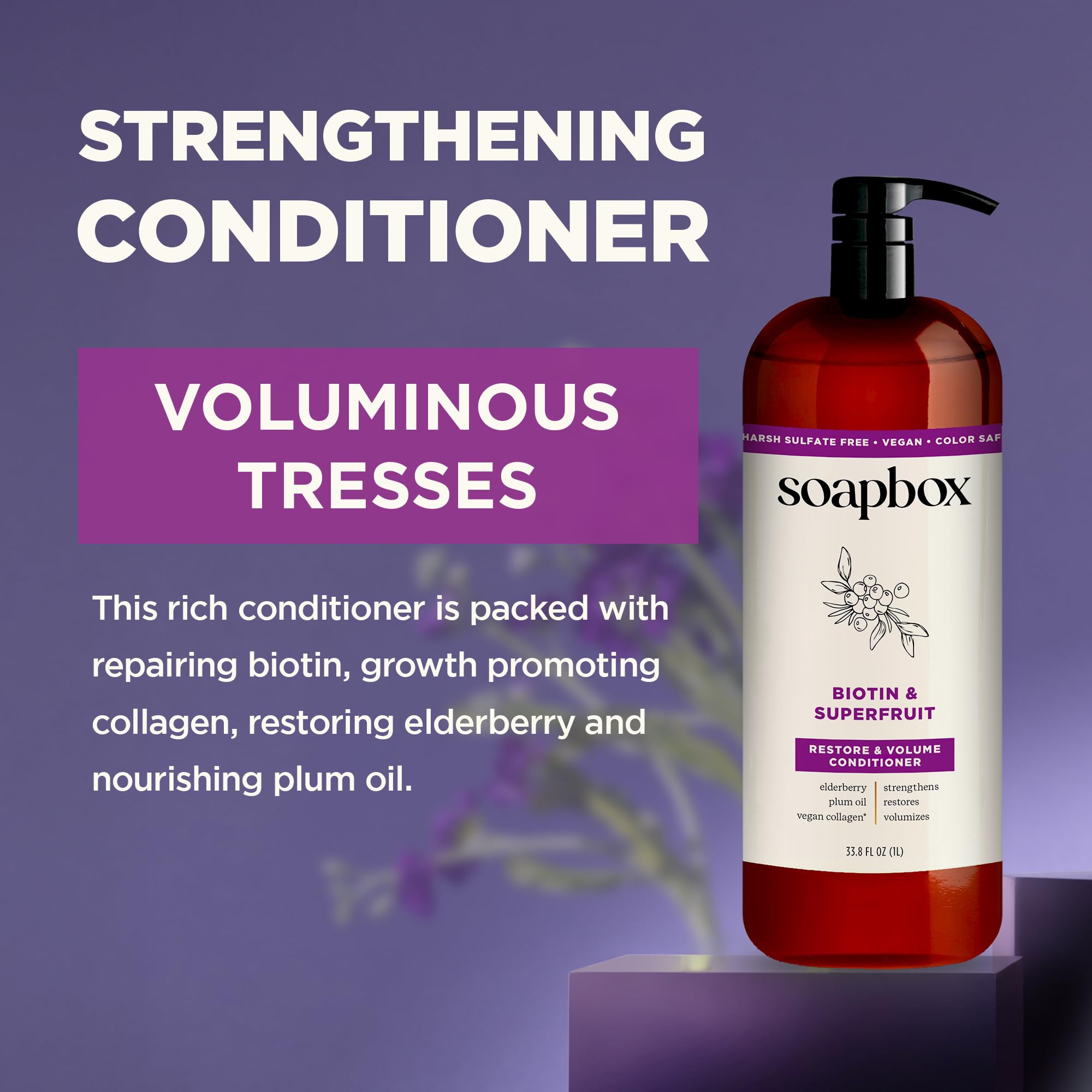 Soapbox Biotin and Superfruit Shampoo and Conditioner pack for daily routine.
