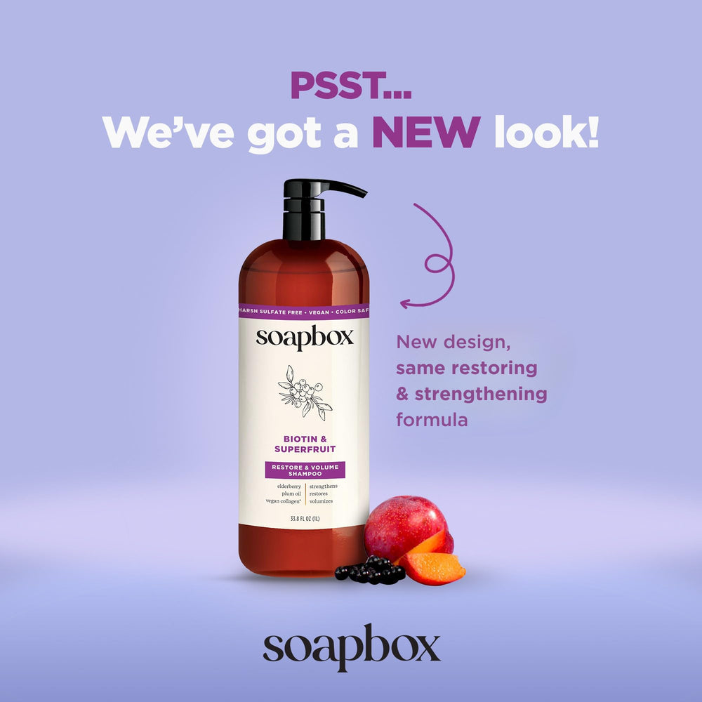 Soapbox Biotin and Superfruit Shampoo lather close-up shows gentle cleansing.