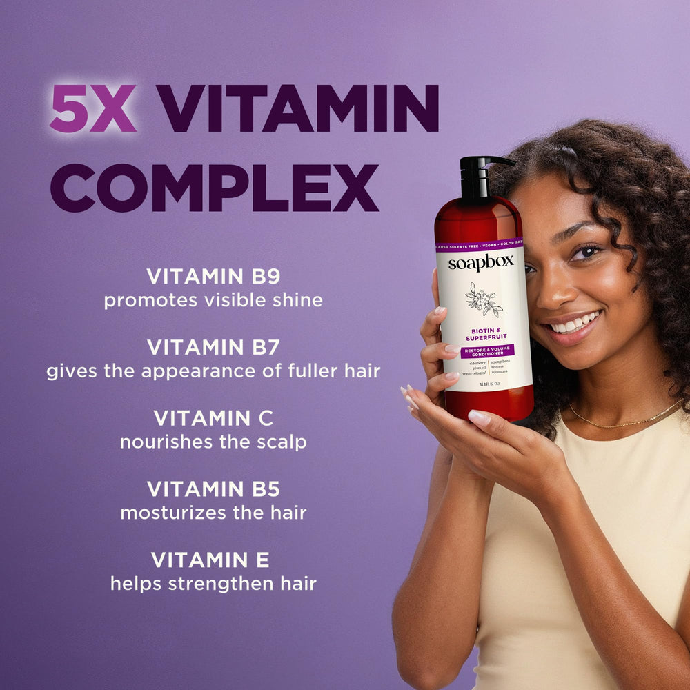 Soapbox Biotin and Superfruit Shampoo bottle highlights vegan collagen for healthy-looking hair.