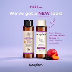 Acondicionador Soapbox Biotina y Superfruta en botella, suavidad y cuerpo.