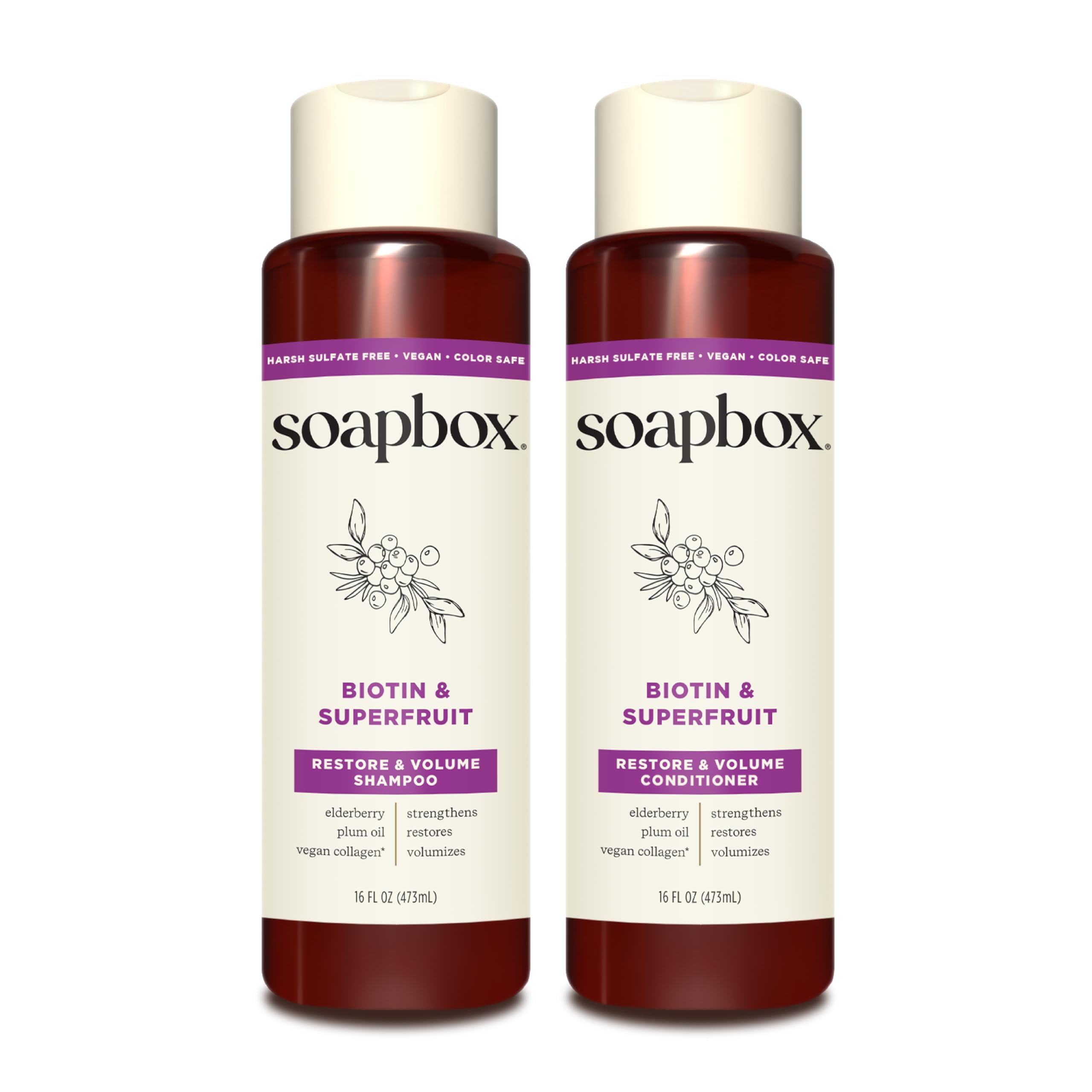 Champú Soapbox Biotina y Superfruta en botella, cabello grueso y sedoso.