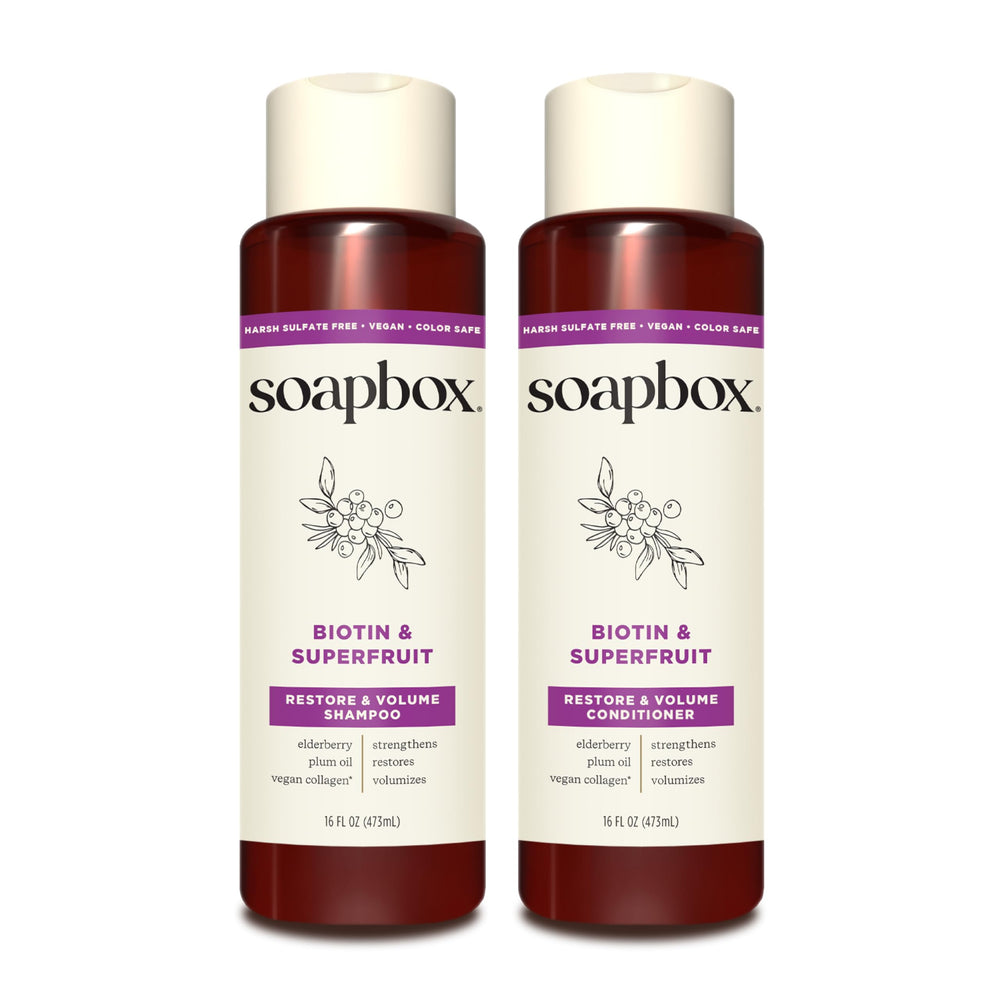 Champú Soapbox Biotina y Superfruta en botella, cabello grueso y sedoso.