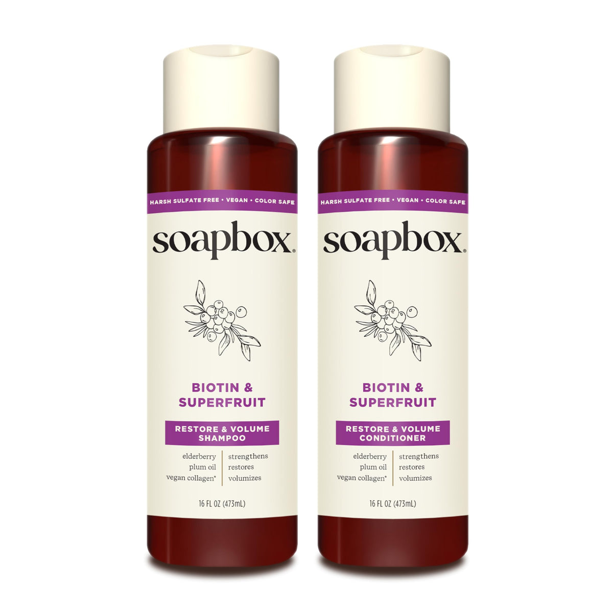 Champú Soapbox Biotina y Superfruta en botella, cabello grueso y sedoso.