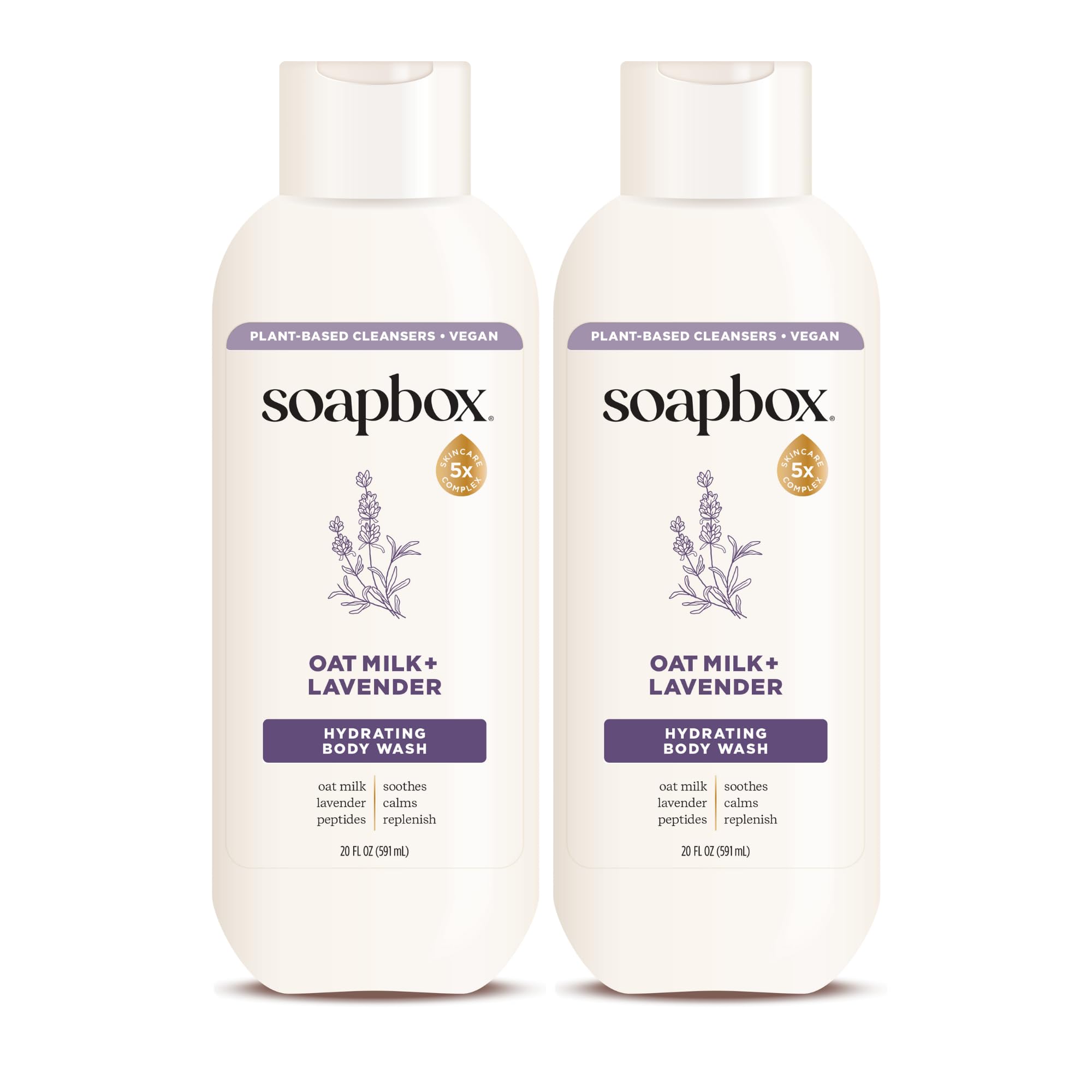 Soapbox gel de baño avena lavanda, botella frontal, hidratación suave para piel seca.