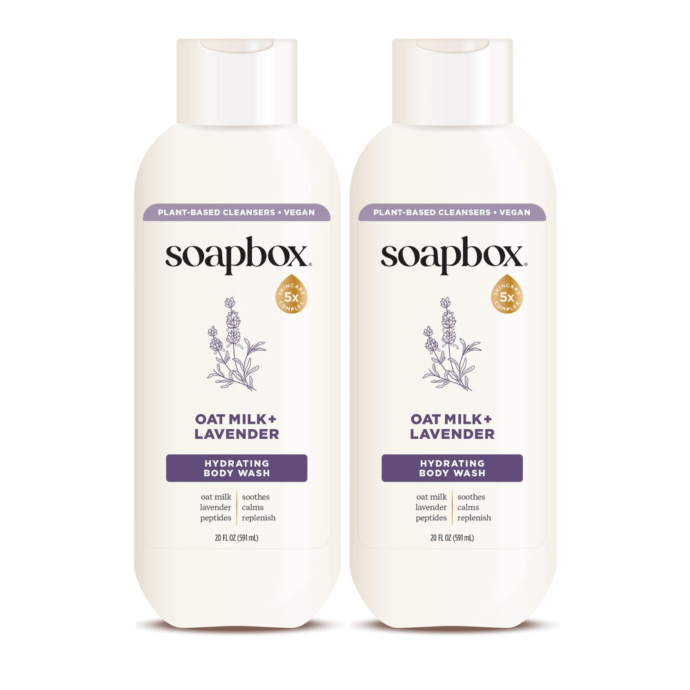 Soapbox gel de baño avena lavanda, botella frontal, hidratación suave para piel seca.