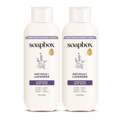 Soapbox gel de baño avena lavanda, botella frontal, hidratación suave para piel seca.