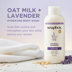 Soapbox gel de baño avena lavanda, vertido en la ducha, sensación cremosa.