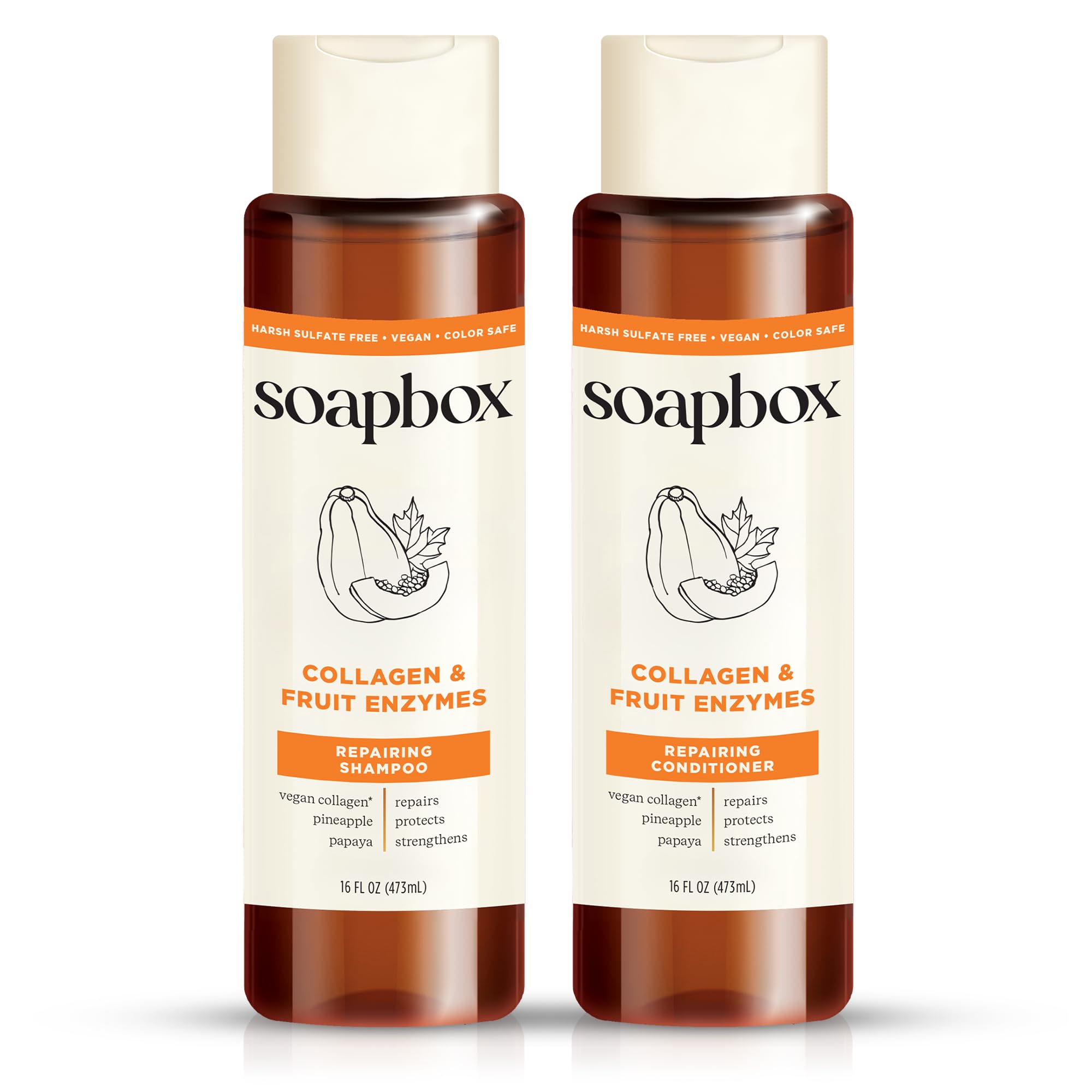 Soapbox champú colágeno frente de botella, cuidado suave para cabello fino y seco.