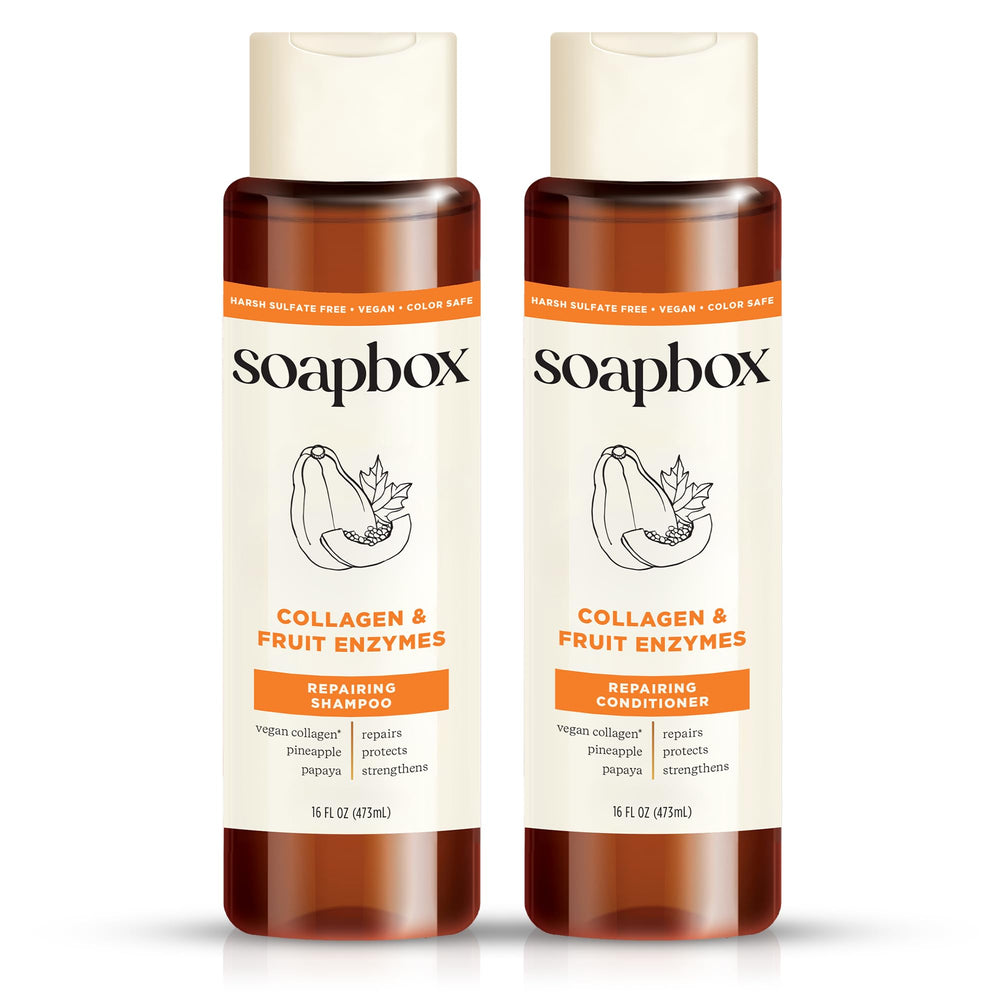 Soapbox champú colágeno frente de botella, cuidado suave para cabello fino y seco.