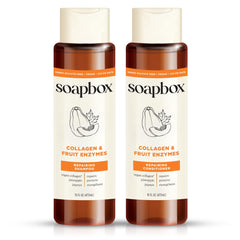 Soapbox champú colágeno frente de botella, cuidado suave para cabello fino y seco.
