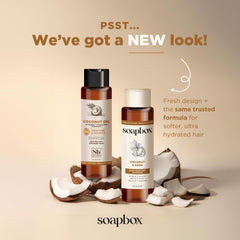Soapbox Coconut Conditioner bottle promotes smooth, lightweight shine.