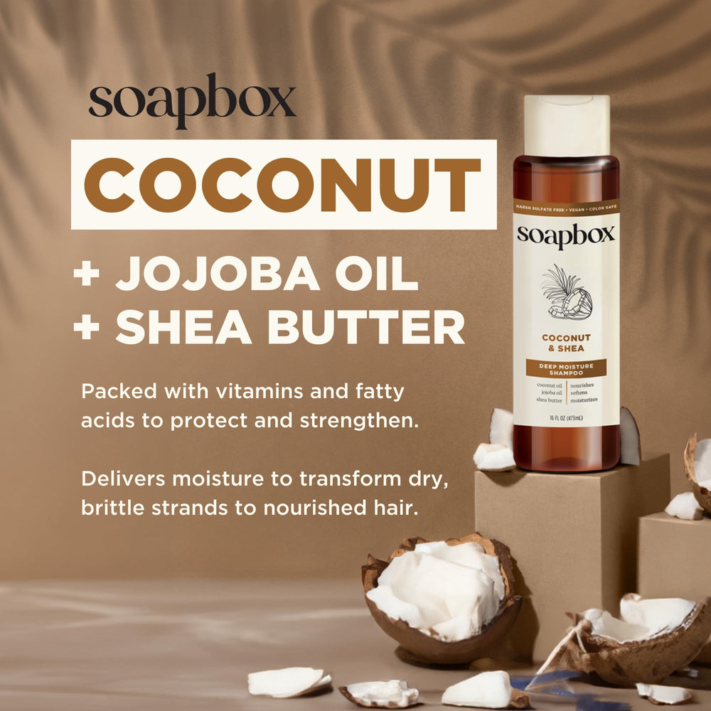 Soapbox Coconut Conditioner rinses clean for soft, manageable hair.