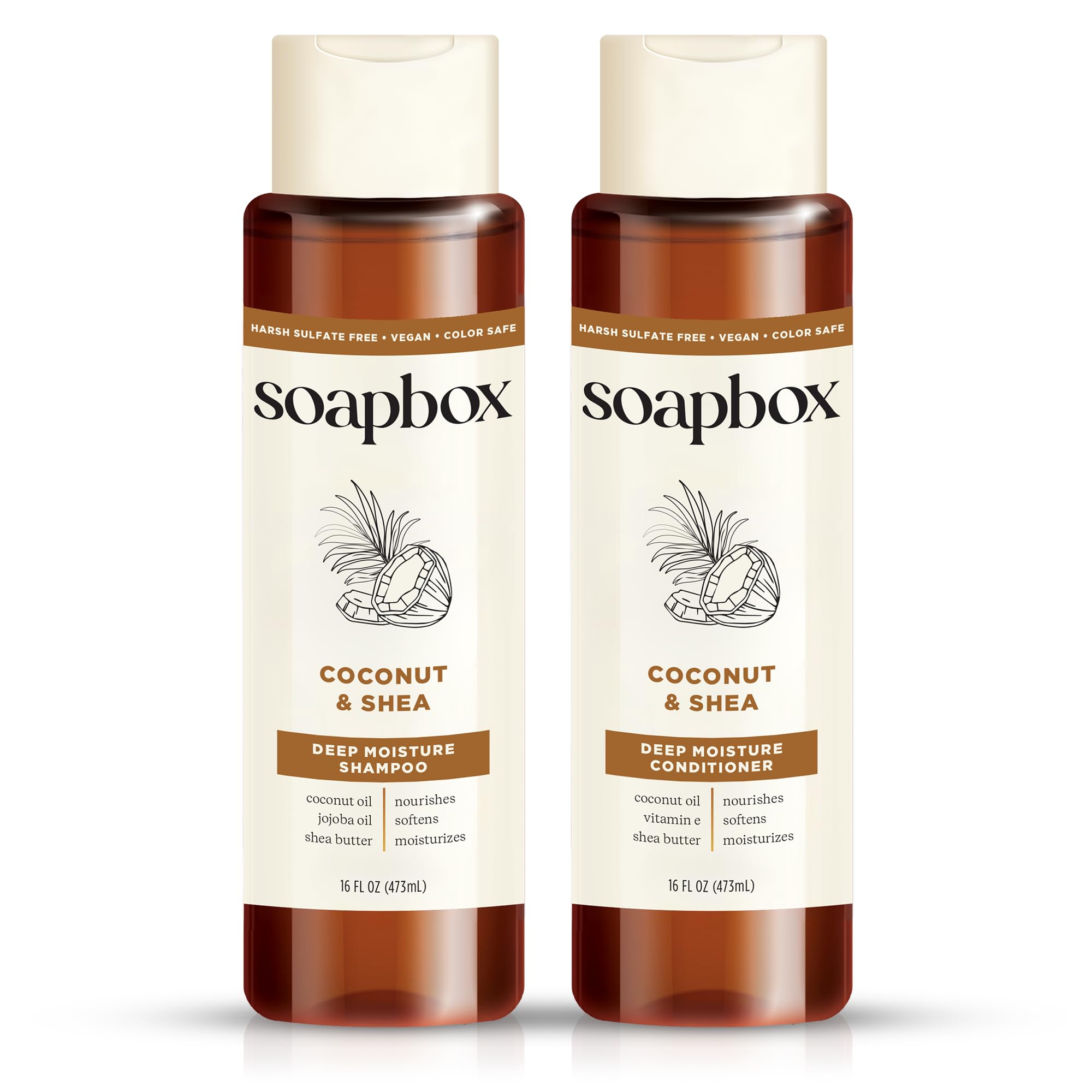 Soapbox Coconut Shampoo bottle delivers creamy lather for daily hydration.