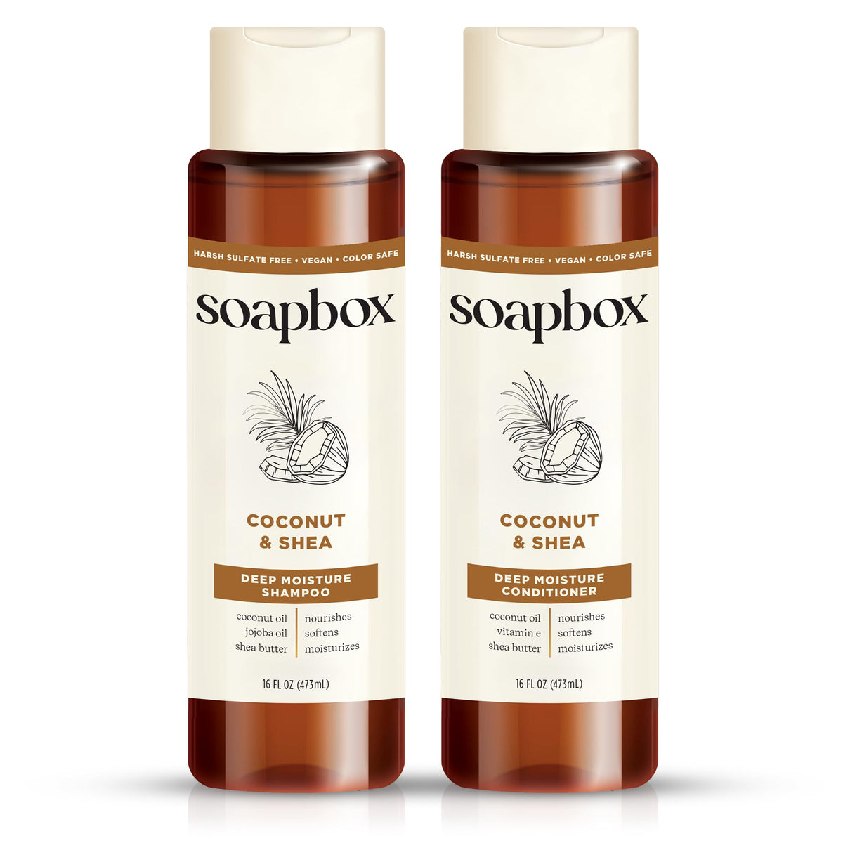 Soapbox Coconut Shampoo bottle delivers creamy lather for daily hydration.