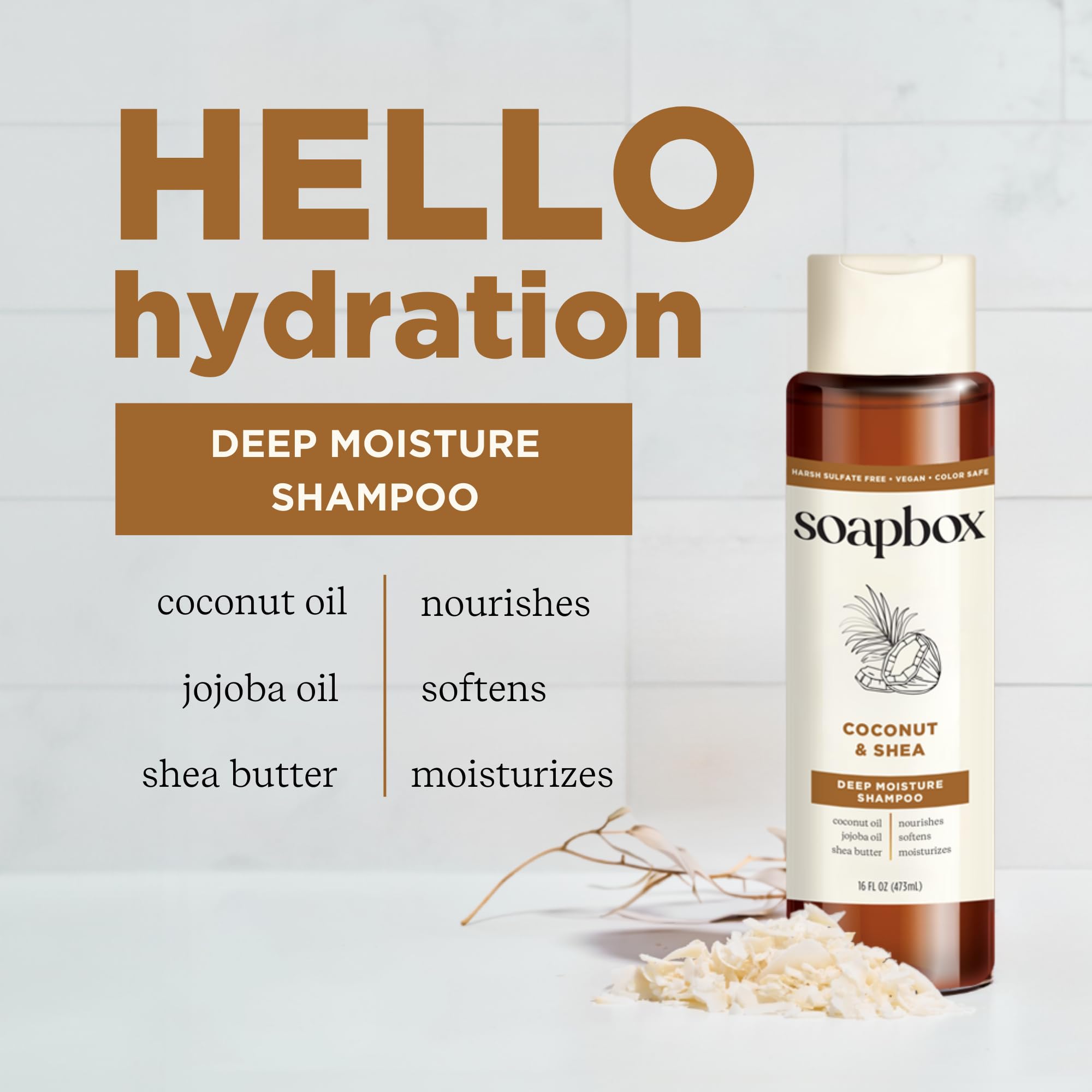 Soapbox Coconut Shampoo and Conditioner set packaging highlights vegan formula.