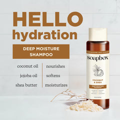 Soapbox Coconut Shampoo and Conditioner set packaging highlights vegan formula.