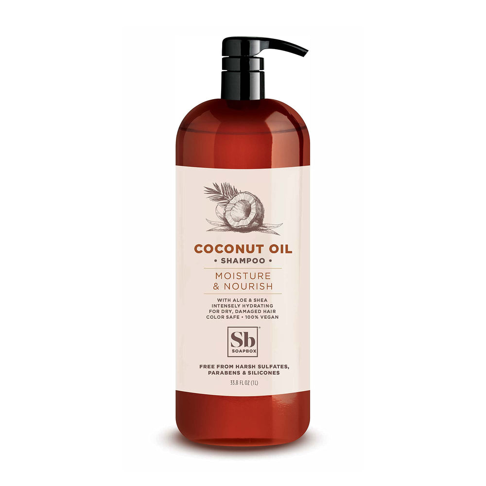 Soapbox Coconut & Shea Shampoo bottle front shows vegan, sulfate-free formula