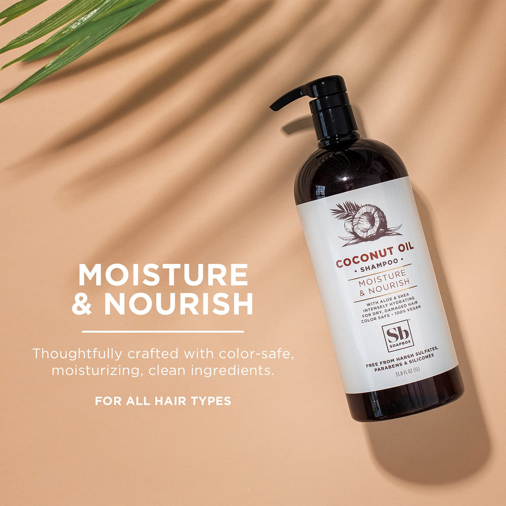 Soapbox Coconut & Shea Shampoo bottle pour reveals rich lather