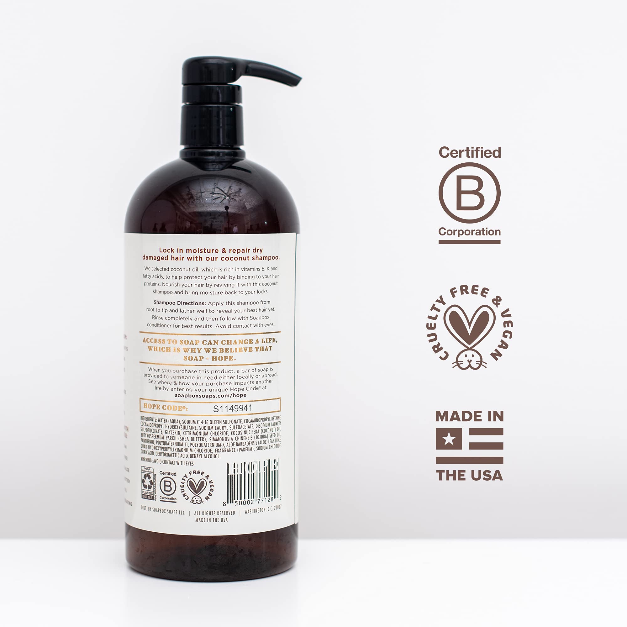 Soapbox Shampoo bottle labeled color-safe and gentle for all hair types