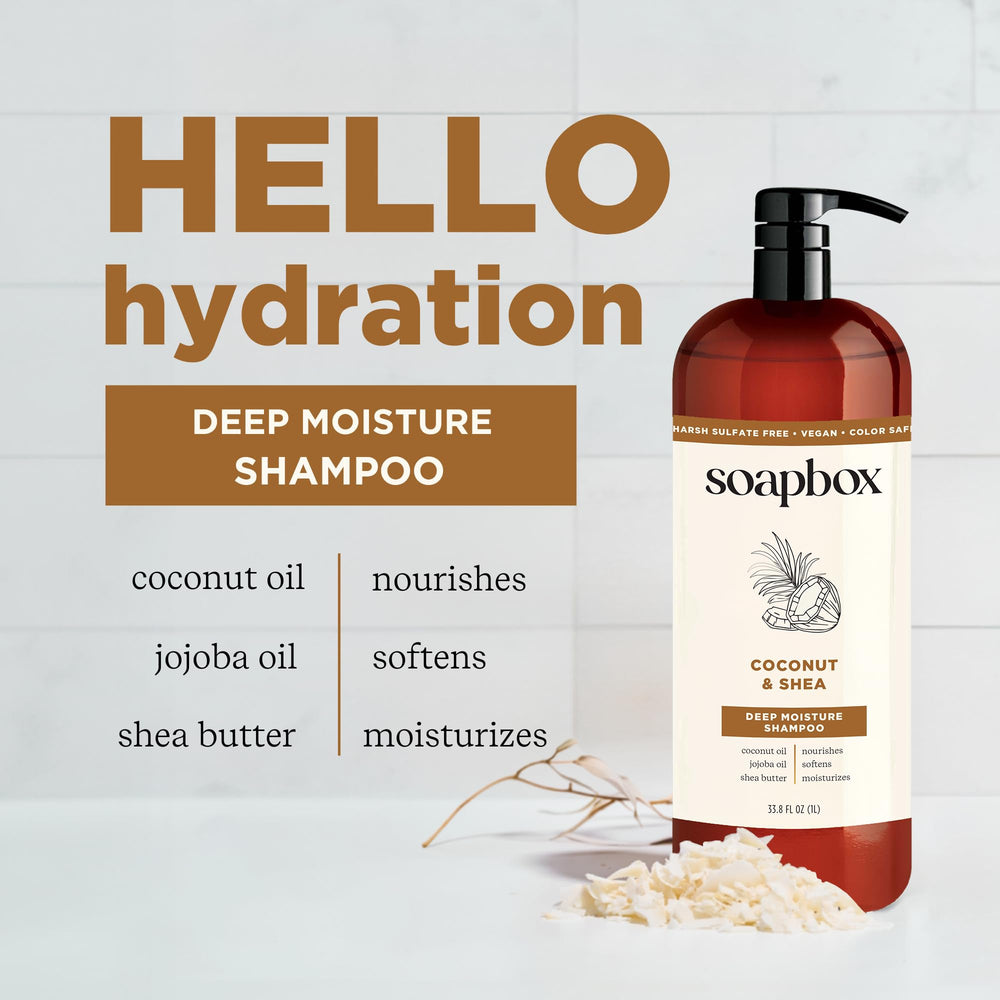 Soapbox conditioner with jojoba oil promotes smoother, manageable hair and light shine.