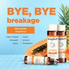 Etiqueta Soapbox con enzimas piña y papaya para revitalizar la fibra capilar.
