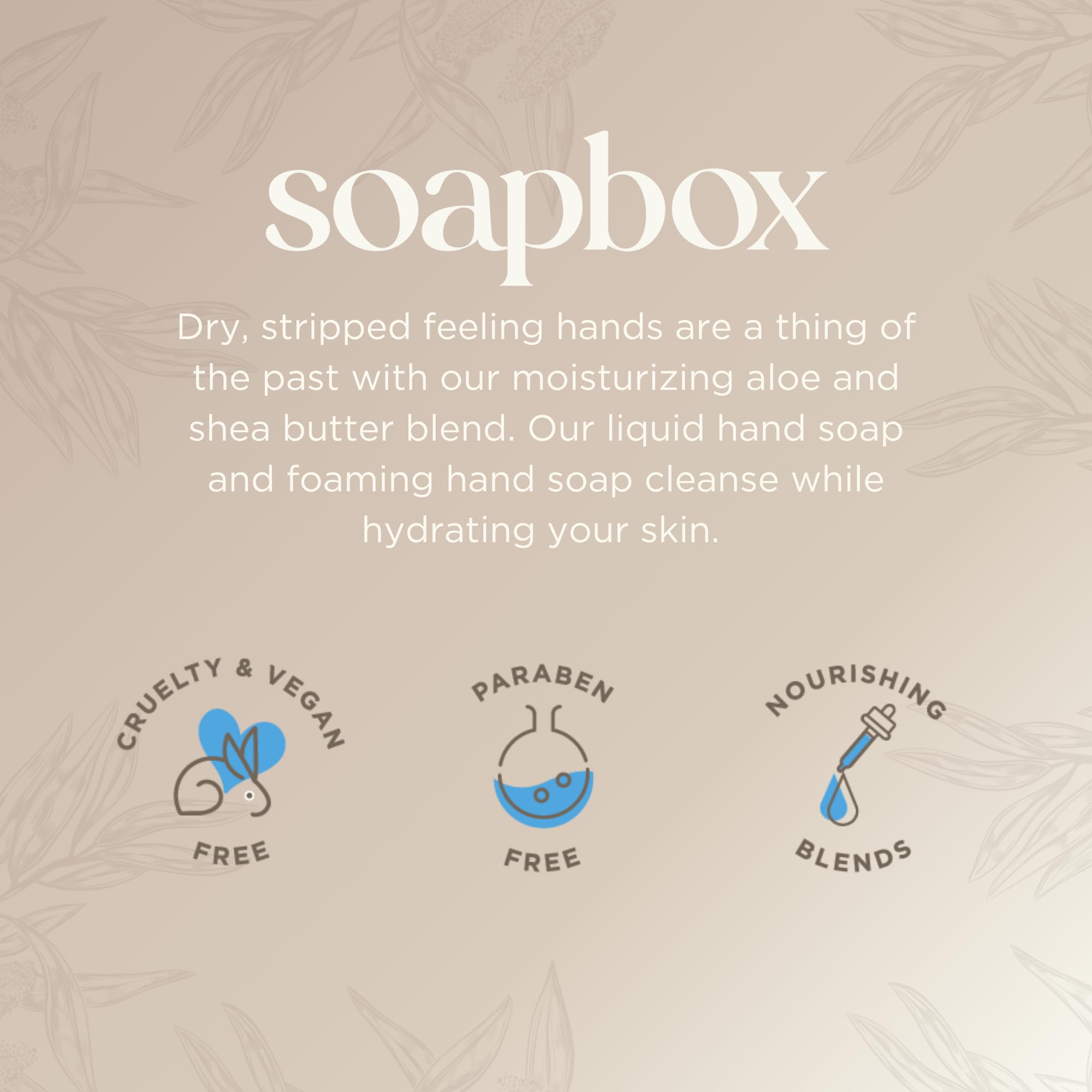 Soapbox kitchen and bathroom use keeps hands refreshed after meals and chores.