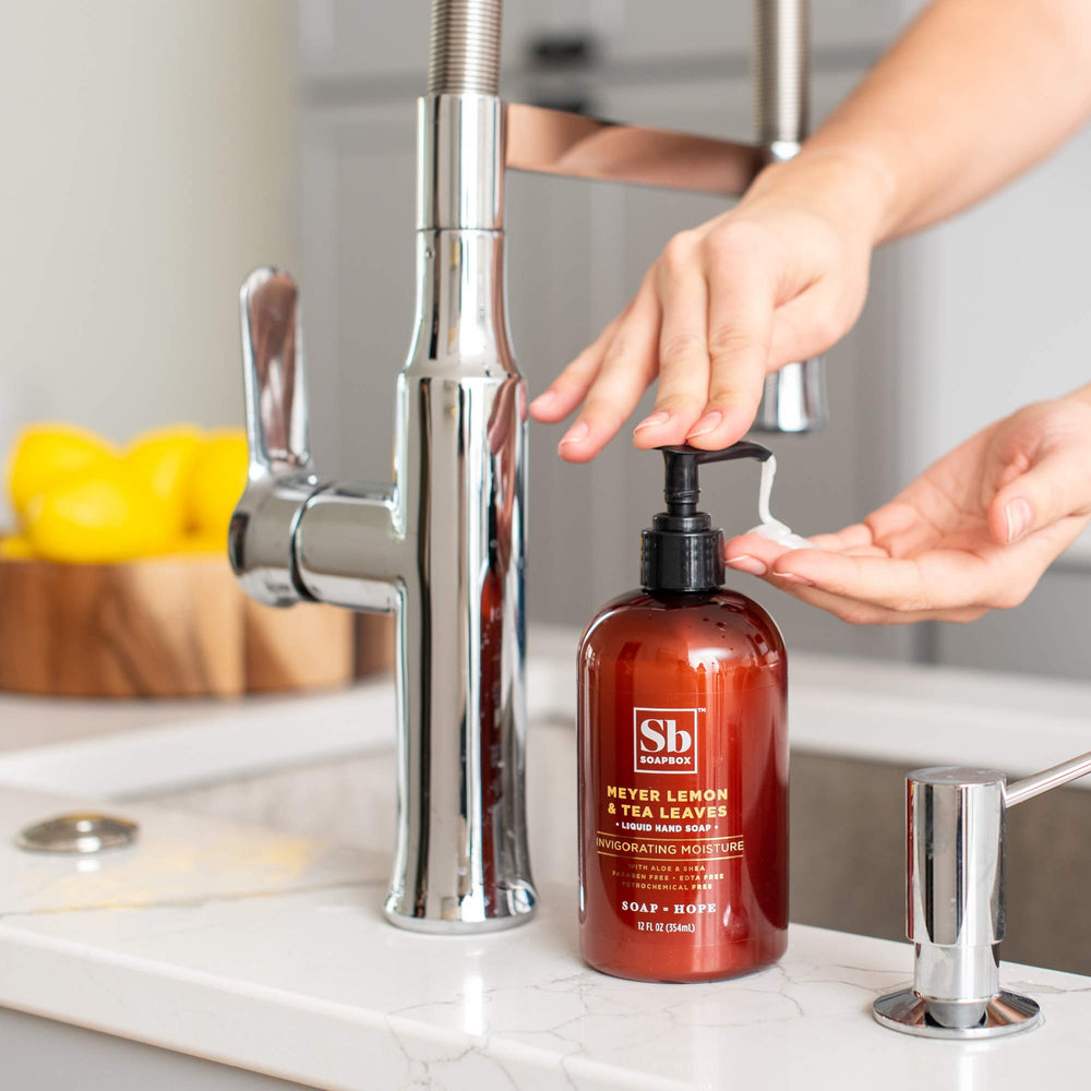 Soapbox hand soap in kitchen and bathroom setup