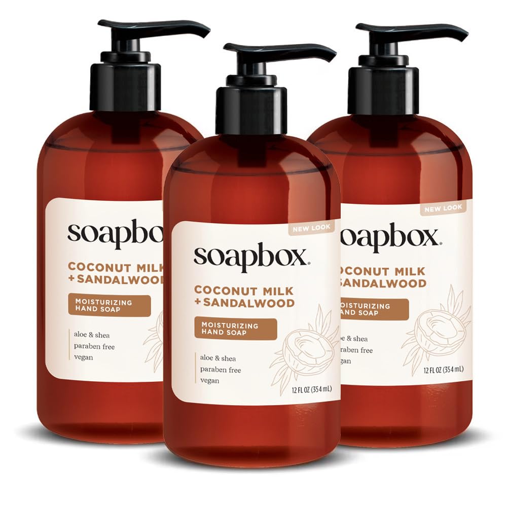 Soapbox liquid hand soap coconut milk and sandalwood pump bottle for gentle daily cleansing.