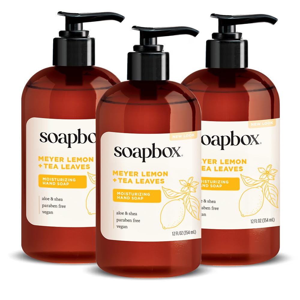 Soapbox Liquid Hand Soap Meyer Lemon Tea Leaves 3-pack bottles with refreshing citrus scent.