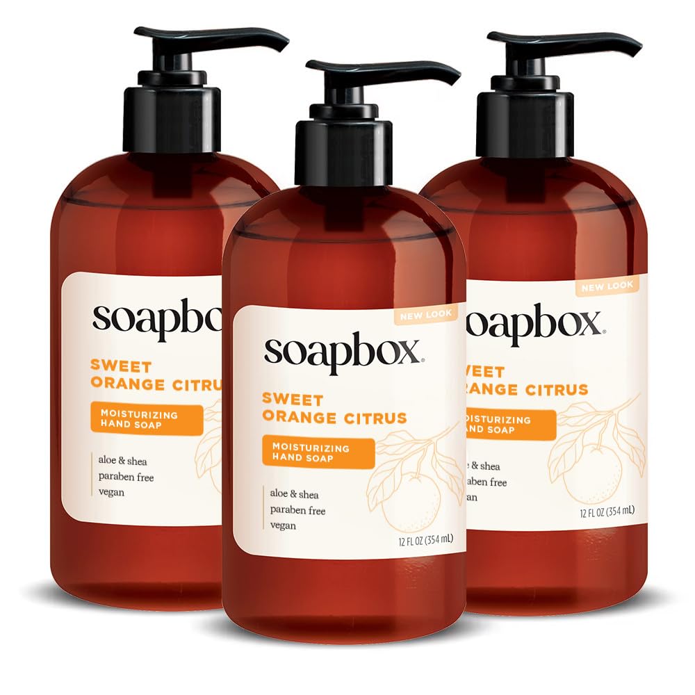 Soapbox Sweet Orange Citrus hand soap pump bottle for gentle daily cleansing.