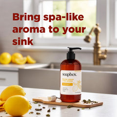 Soapbox Meyer lemon tea leaves scent close-up bottle showcases vegan formula.