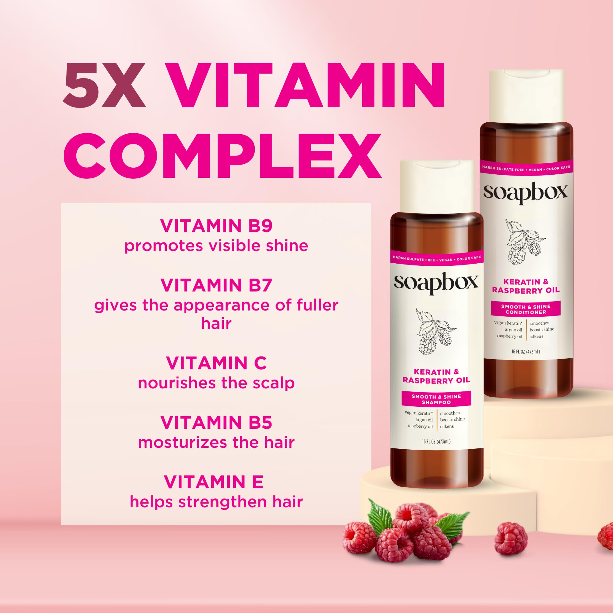 Soapbox Raspberry Vitamin E infusion image suggests fruity fragrance and antioxidant benefits.