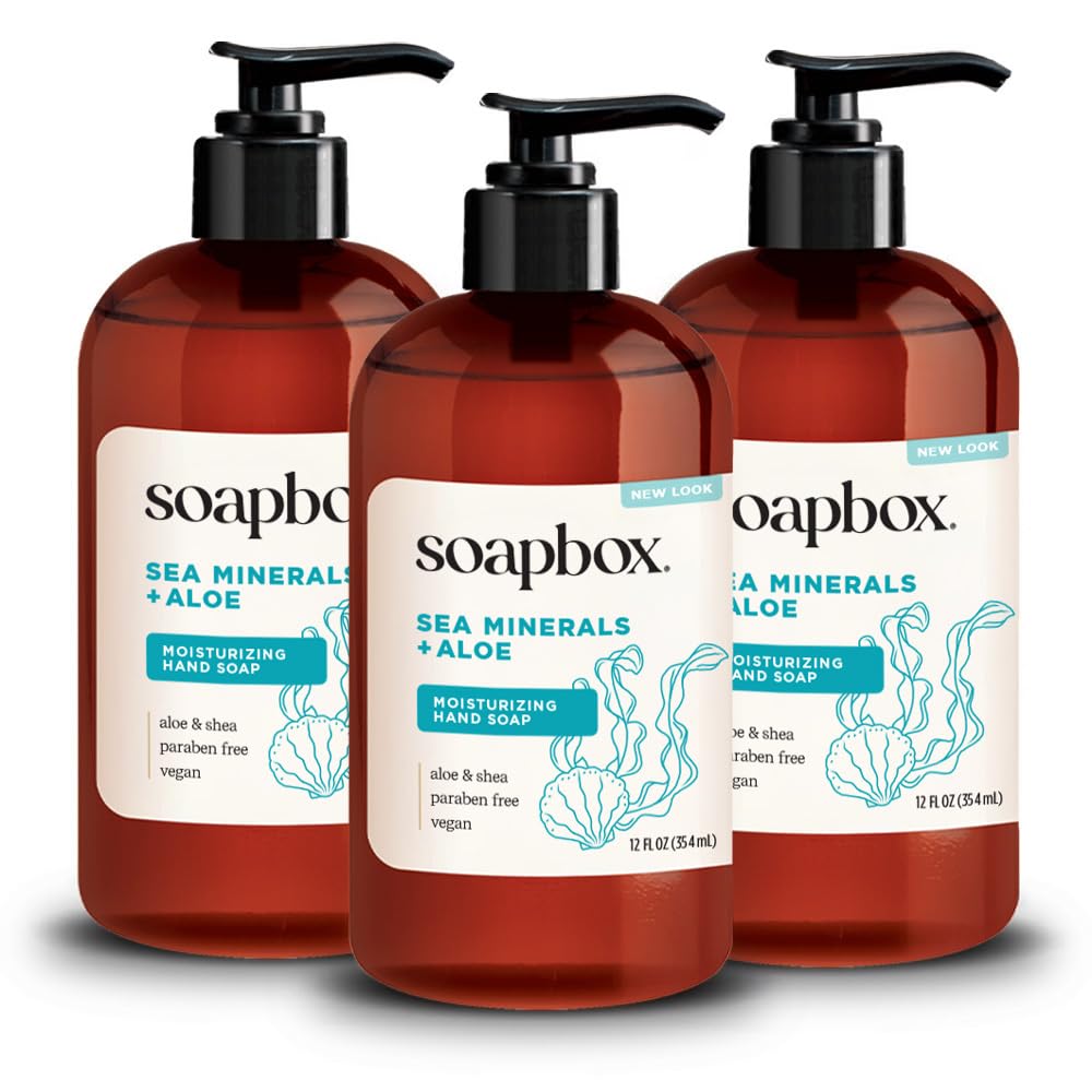 Soapbox Sea Minerals Iris bottle-pump shows nourishing hand wash with a creamy lather.