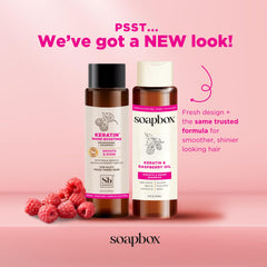 Soapbox Shine Keratin Conditioner bottle for tamed flyaways and a glossy finish.