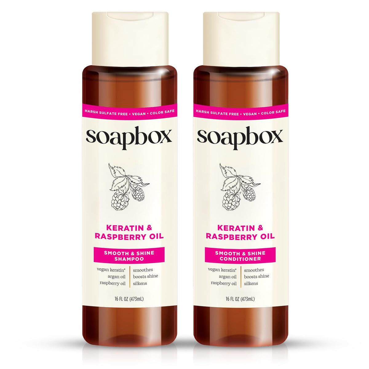 Soapbox Shine Keratin Shampoo bottle for frizz control and smoothness.