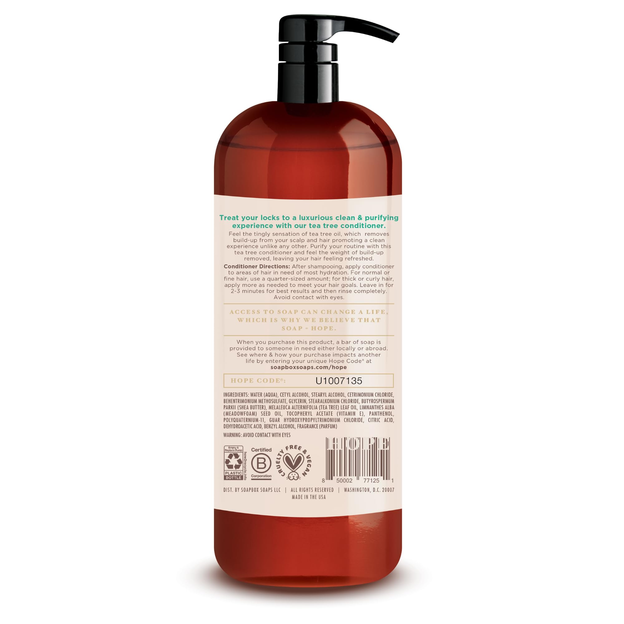 Soapbox Tea Tree Conditioner bottle pour delivers smooth, manageable hair care.