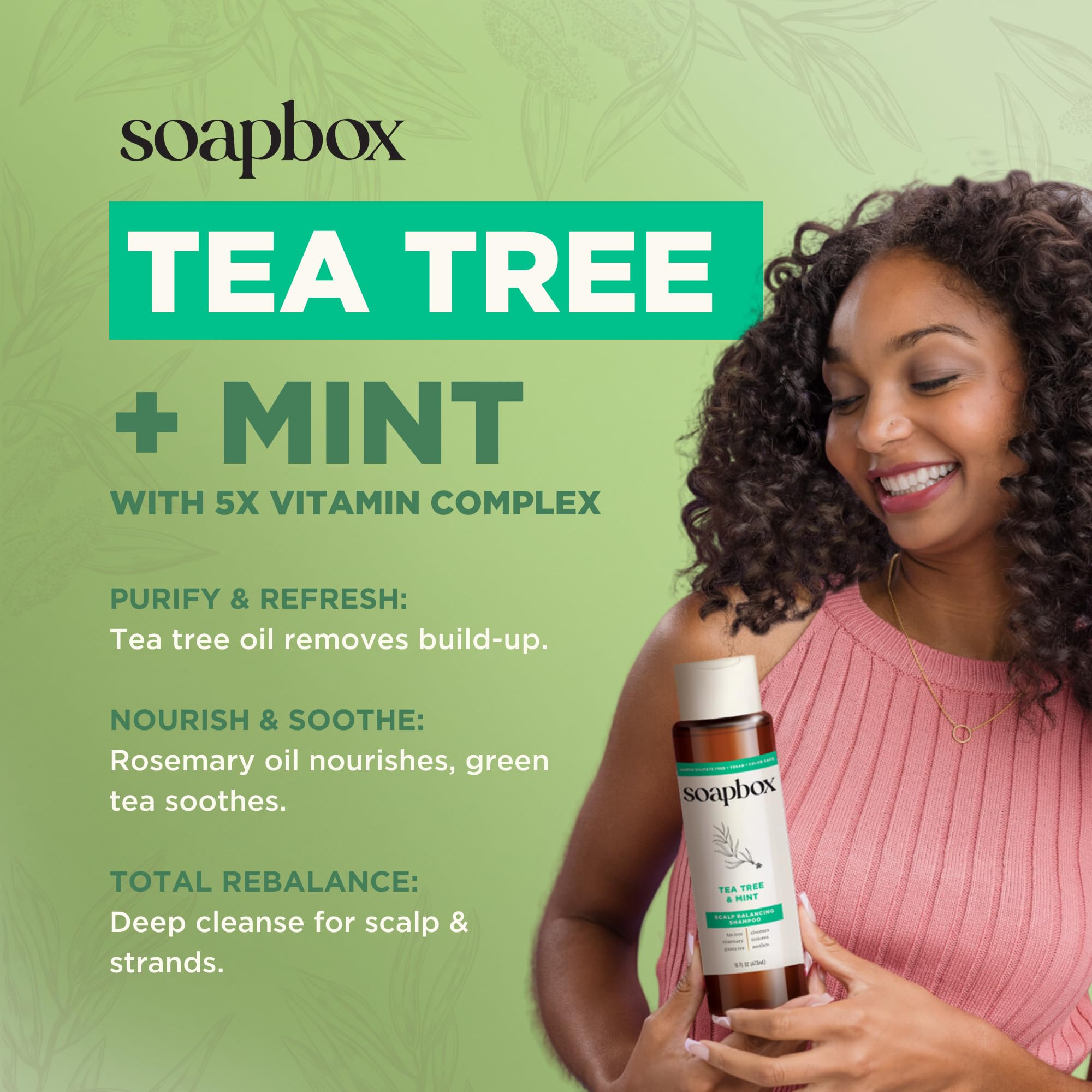 Soapbox Tea Tree Oil and natural ingredients diagram highlighting purifying formula.