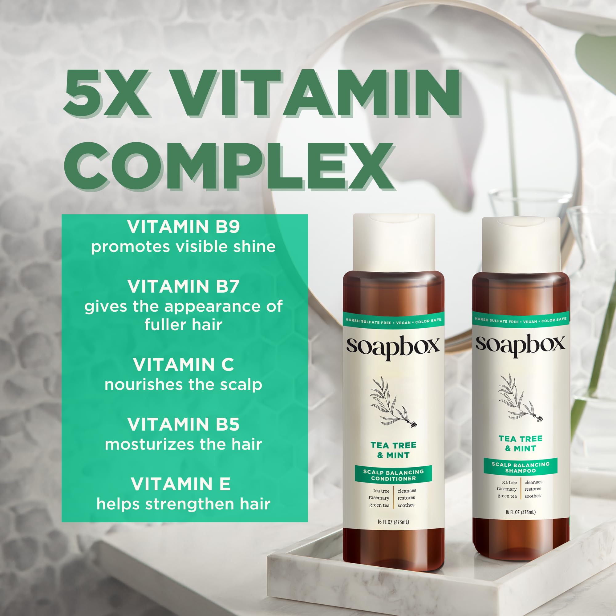 Soapbox Tea Tree Set packaging highlights all hair types suitability.