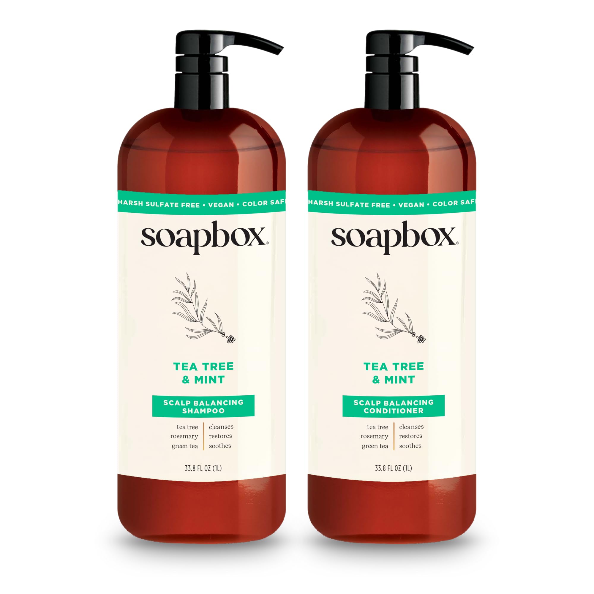Soapbox Tea Tree Shampoo bottle pour promotes scalp refreshment and purification for daily use.