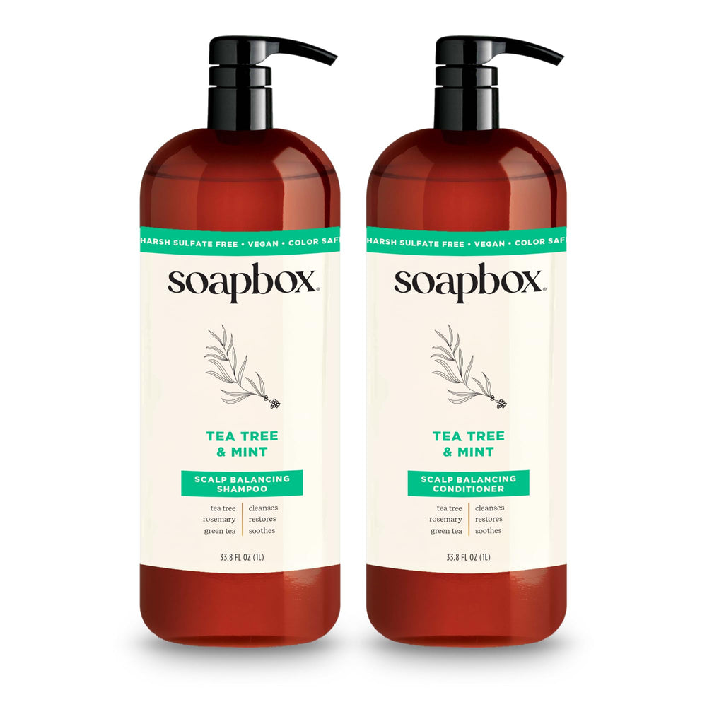 Soapbox Tea Tree Shampoo bottle pour promotes scalp refreshment and purification for daily use.