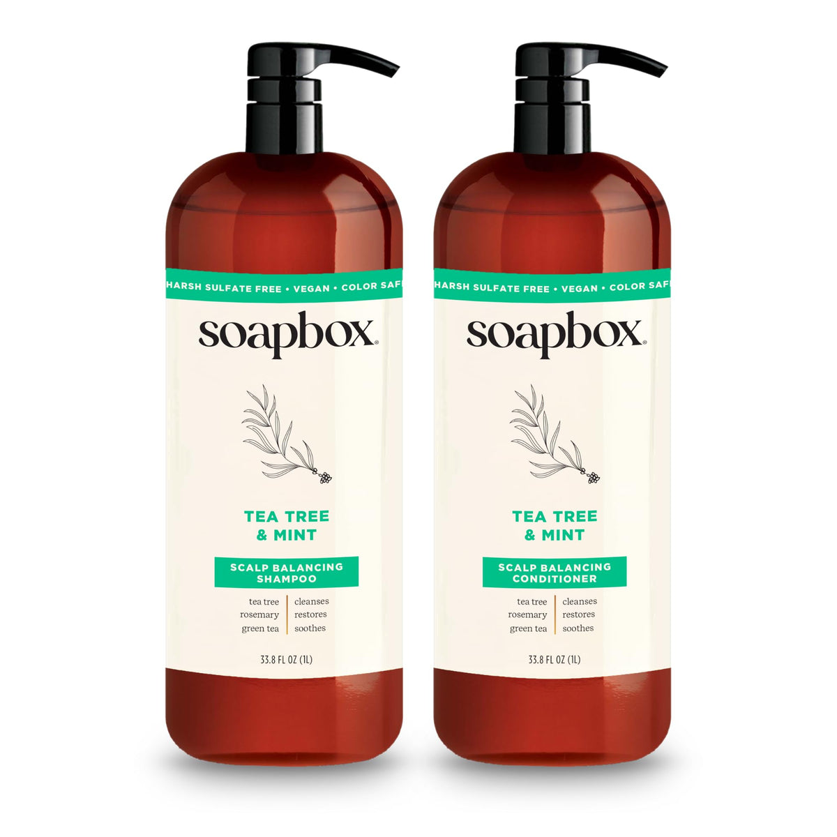Soapbox Tea Tree Shampoo bottle pour promotes scalp refreshment and purification for daily use.