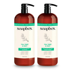 Soapbox Tea Tree Shampoo bottle pour promotes scalp refreshment and purification for daily use.