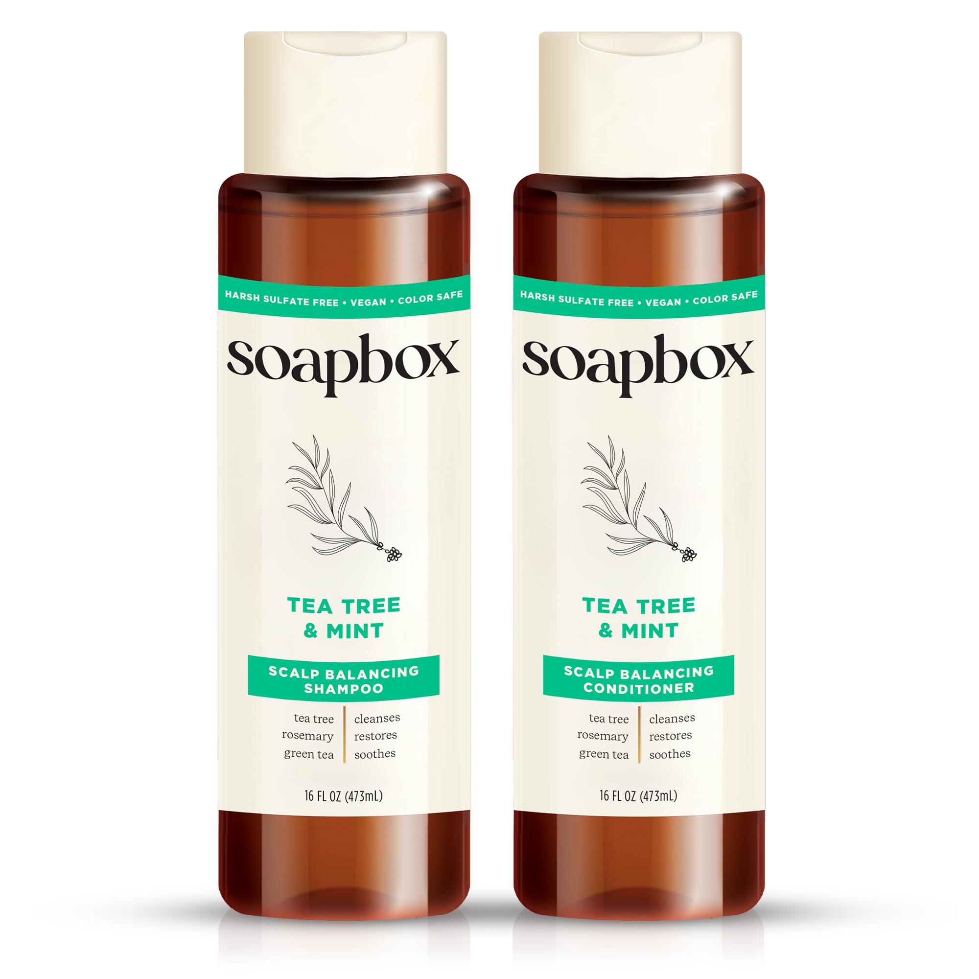 Soapbox Tea Tree Shampoo bottle with refreshing cleanse and minty aroma for all hair types.