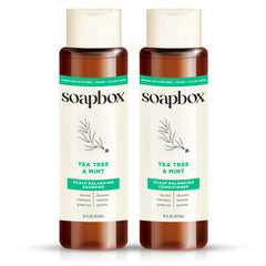 Soapbox Tea Tree Shampoo bottle with refreshing cleanse and minty aroma for all hair types.