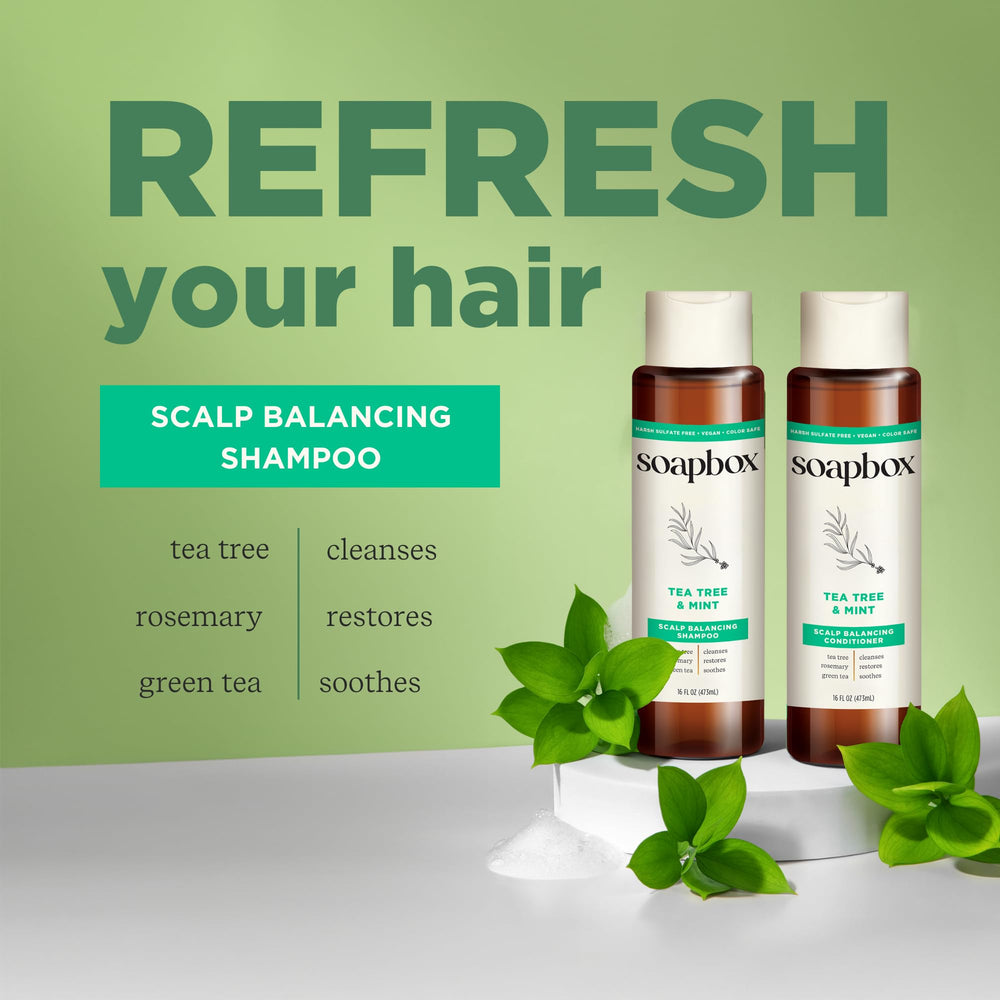 Soapbox Tea Tree Shampoo foam showing luxurious lather and cooling feel.