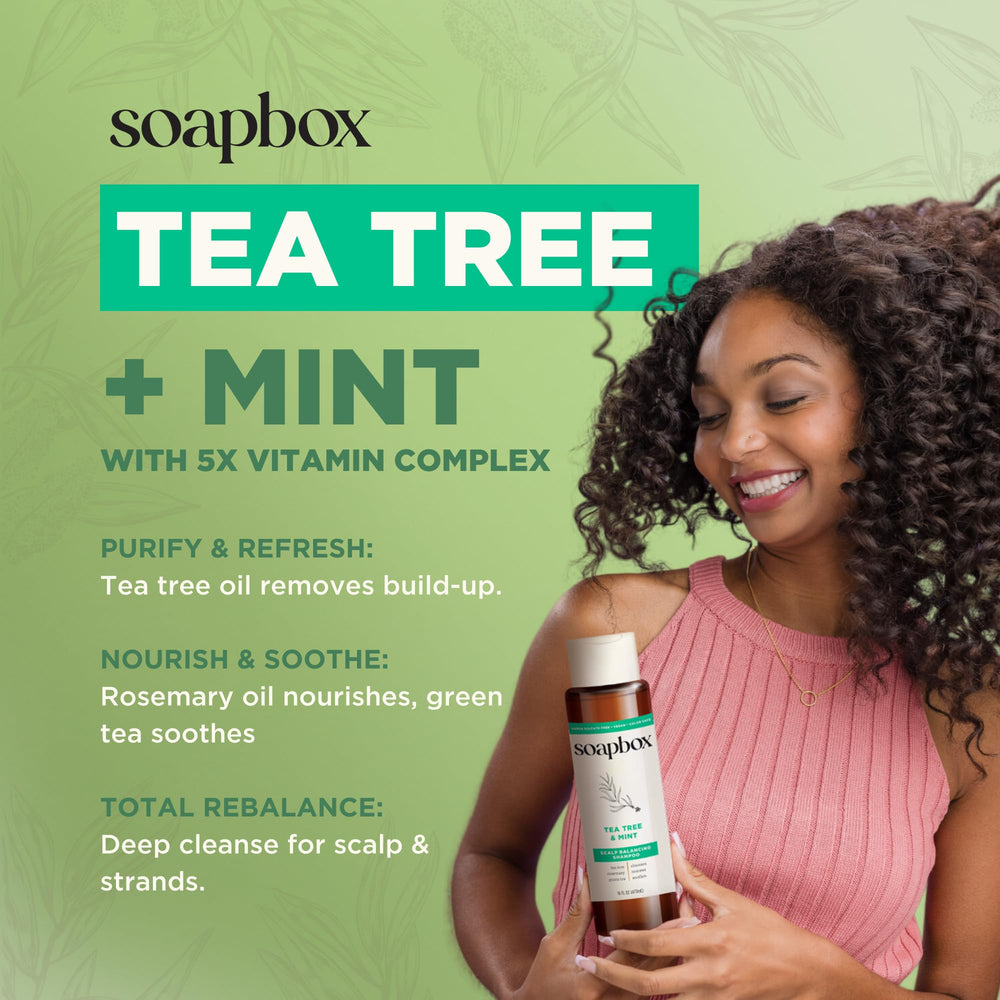 Soapbox Tea Tree Shampoo tingling sensation signals deep cleansing.