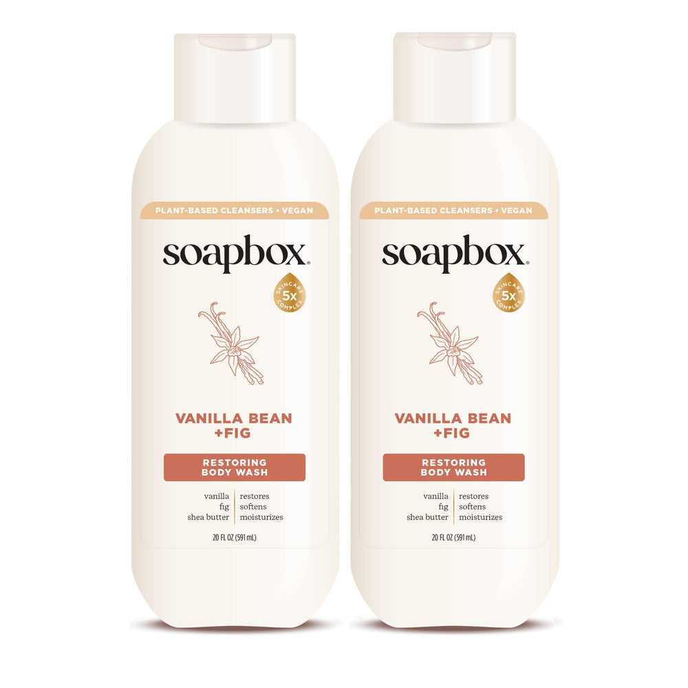Soapbox Vanilla Bean & Fig, botella principal, ideal para duchas diarias con hidratación suave.